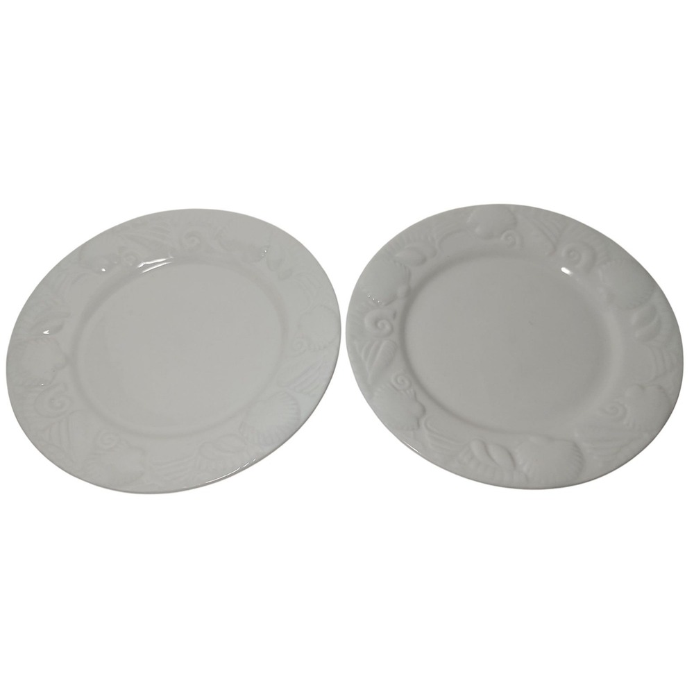 Pfaltzgraff‎ White Salad Plates Lido Beach Raised Seashells Nautical Set of Two